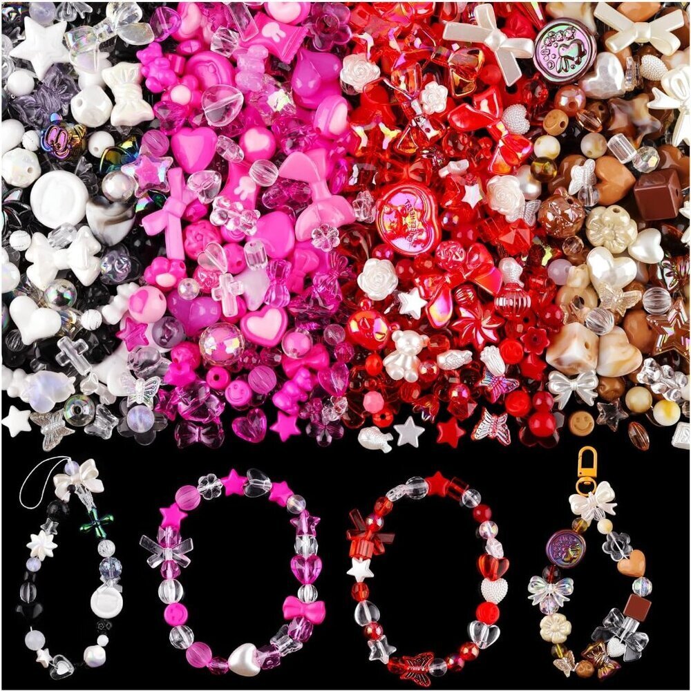 180-240PCS Assorted Acrylic Beads For Bracelet Making, Flower Bow Butterfly Cand
